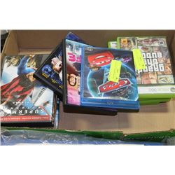 BOX W/ XBOX 360, GAMES AND DVD'S