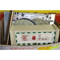 BOX W/WALL PLAQUES, MIRROR, SMALL CABINET