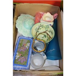BOX W/ DECORATIVE HAT, VASES, BOWLS & WATER