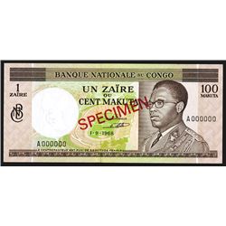 Banque Nationale Du Congo, 1 Zaires = 100 Makuta, 1968 Issue Specimen.