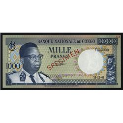 Banque Nationale Du Congo, 1000 Francs, 1961 Issue Specimen.