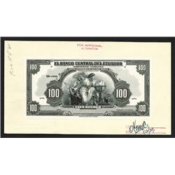 El Banco Central del Ecuador. 1939.  Black and White Proof on India paper mounted on card.