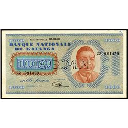 Banque Nationale Du Katanga, ND (1960) 1000 Francs Specimen Banknote.