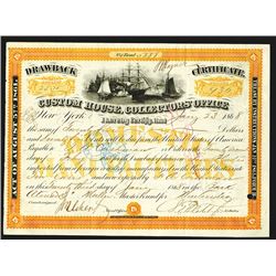 Custom House Collectors' Office 1868 Drawback Certificate.