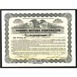 Parenti Motors Corporation, 1920-1922  Automobile Stock Certificate.