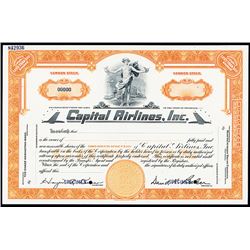 Capital Airlines, Inc. 1950-60's Specimen Stock Certificate.