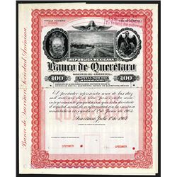 Banco De Queretaro, 1907 Specimen Bond.