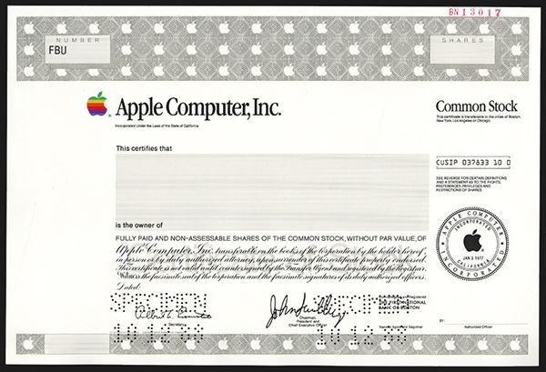Apple Computer Inc 1988 Specimen Stock Certificate