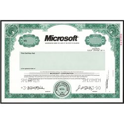 Microsoft Specimen Stock, 1990 Specimen Stock Certificate.