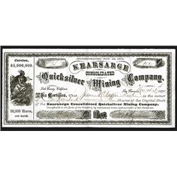 Kearsarge Consolidated Quicksilver Mining Company Issued Shares. 1875.