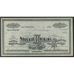 Silver Hill Mining Co. 1892 Stock Certificate.