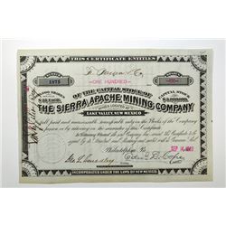 Sierra Apache Mining Co. 1883 Stock Certificate.