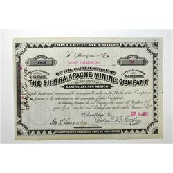 Sierra Apache Mining Co. 1883 Stock Certificate.