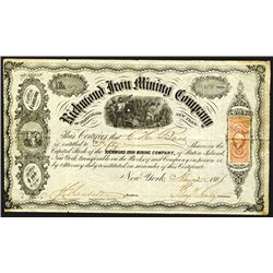 Richmond Iron Mining Co., 1866 Issued Stock Certificate.