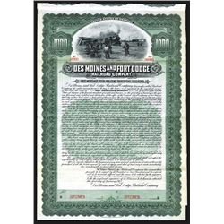Des Moines and Fort Dodge Railroad Co., 1905 Specimen Bond.