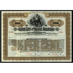 Sioux City & Pacific Railroad Co. Specimen Bond.