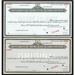 South Carolina Soft Drink License Tax Crown Specimen Certificate.