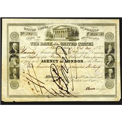 Bank of the United States, Agency in London 1837 Bond Signed by Nicholas Biddle.