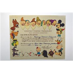 United States Treasury War Finance Committee. 1944 Disney Certificate.