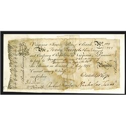 Virginia James River Bank, Sept.1, 1775 Issue Banknote.