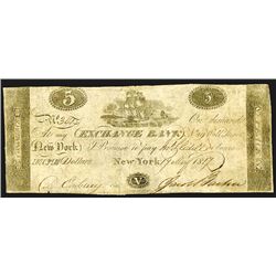 NY. Exchange Bank, $5, 1817 Issued Obsolete Banknote.