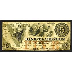 Bank of Clarendon at Fayetteville, 1855 Obsolete Banknote.