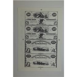 Union Bank of Tennessee Uncut Sheet of 4 Black & White Proprietary Proofs.