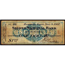 Second National Bank, Ohio,  1907 Panic Scrip.