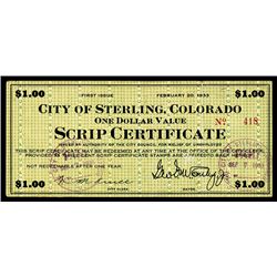 City of Sterling, Colorado Scrip Certificate.