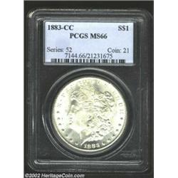 1883-CC S$1 MS66 PCGS. Shimmering mint frost with fully brought up devices. The fields are somewhat.