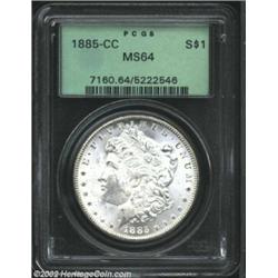 1885-CC S$1 MS64 PCGS. Well defined and frosty white. Noticeable scuffs on Liberty's face prevent co