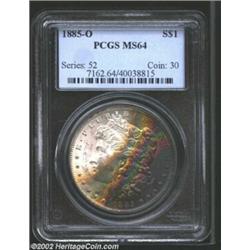 1885-O S$1 MS64 PCGS. Charcoal-gray, steel-blue, green, and gold toning cover two-thirds of the obve