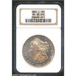 1888-O S$1 MS65 Deep Mirror Prooflike NGC. The obverse has luminous peace patina, while the reverse.
