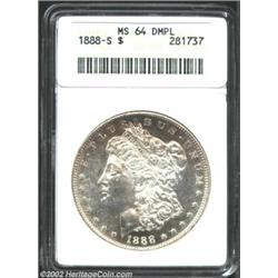 1888-S S$1 MS64 Deep Mirror Prooflike ANACS. An uncommonly reflective example of this low mintage is