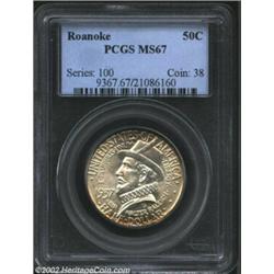 1937 50C Roanoke MS67 PCGS. Steel-blue and golden-brown hues gently endow this lustrous and exquisit