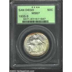 1935-S 50C San Diego MS67 PCGS. The margins have bright golden-brown patina, while potent luster swi