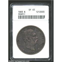 1883 S$1 Hawaii Dollar XF45 ANACS. An attractive example of this elusive denomination that has deep.