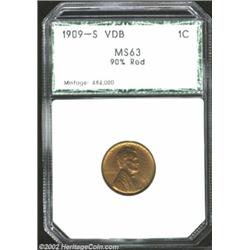 1909-S VDB 1C Cent MS63 90% Red PCI (MS63 Questionable Color). A well struck key date Cent that has.