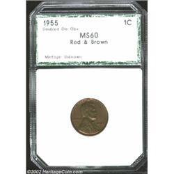 1955/55 1C Doubled Die Cent MS60 Red and Brown PCI (MS60 Brown). Orange-gold luster outlines the leg