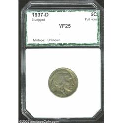 1937-D 5C Three-Legged Nickel VF25 PCI (VF25 Reverse Scratches). The bison is tormented by several l