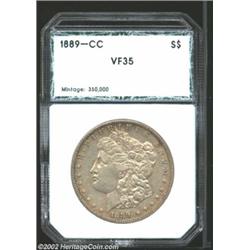 1889-CC S$1 Morgan Dollar VF35 PCI (VF30 Lightly Cleaned). Lavender and golden-brown patina embraces