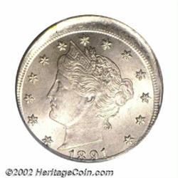 1891 5C Nickel--Struck 10% Off Center--MS64 PCGS. Struck off center at 7 o'clock. STATES is close to
