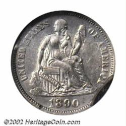 1890 10C Dime--Straight Clip at 10 o'clock, Curved Clip at 4 o'clock--AU55 NGC. The clips are as des