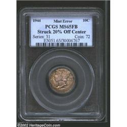 1944 10C Dime--Struck 20% Off Center--MS65 Full Bands PCGS. Splendid violet, gold, lavender, and sea