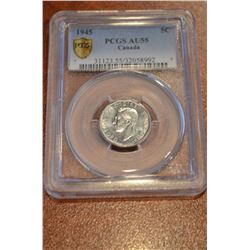 1945 Canada V Nickel - PCGS AU55