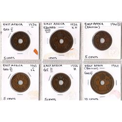 East Africa, George V to Elizabeth II, five cents, 1934, 1941, 1943, 1956H, ten cents, 1936KN, 1942