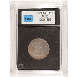 1853 ARROWS AND RAYS QUARTER, CCGS AU-50  NICE TYPE COIN!