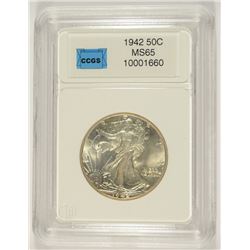 1942 WALKING LIBERTY HALF DOLLAR, CCGS MS-65