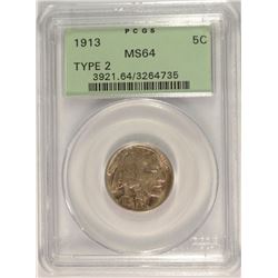 1913 (TYPE 2) BUFFALO NICKEL PCGS MS-64 (OGH)