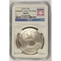2014 BASEBALL HALL OF FAME SILVER DOLLAR, NGC MS-69
